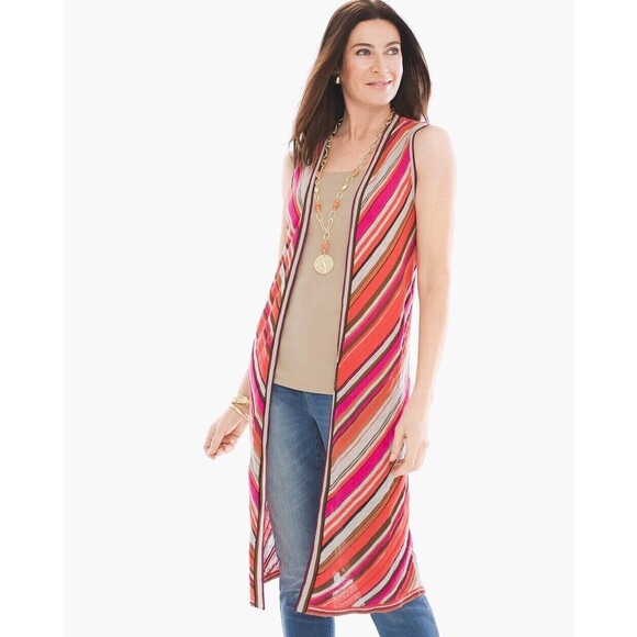 Chico's Women's Mitered Stripe Pattern Vest Long Line Open Front Pink Sz Medium - Picture 1 of 9